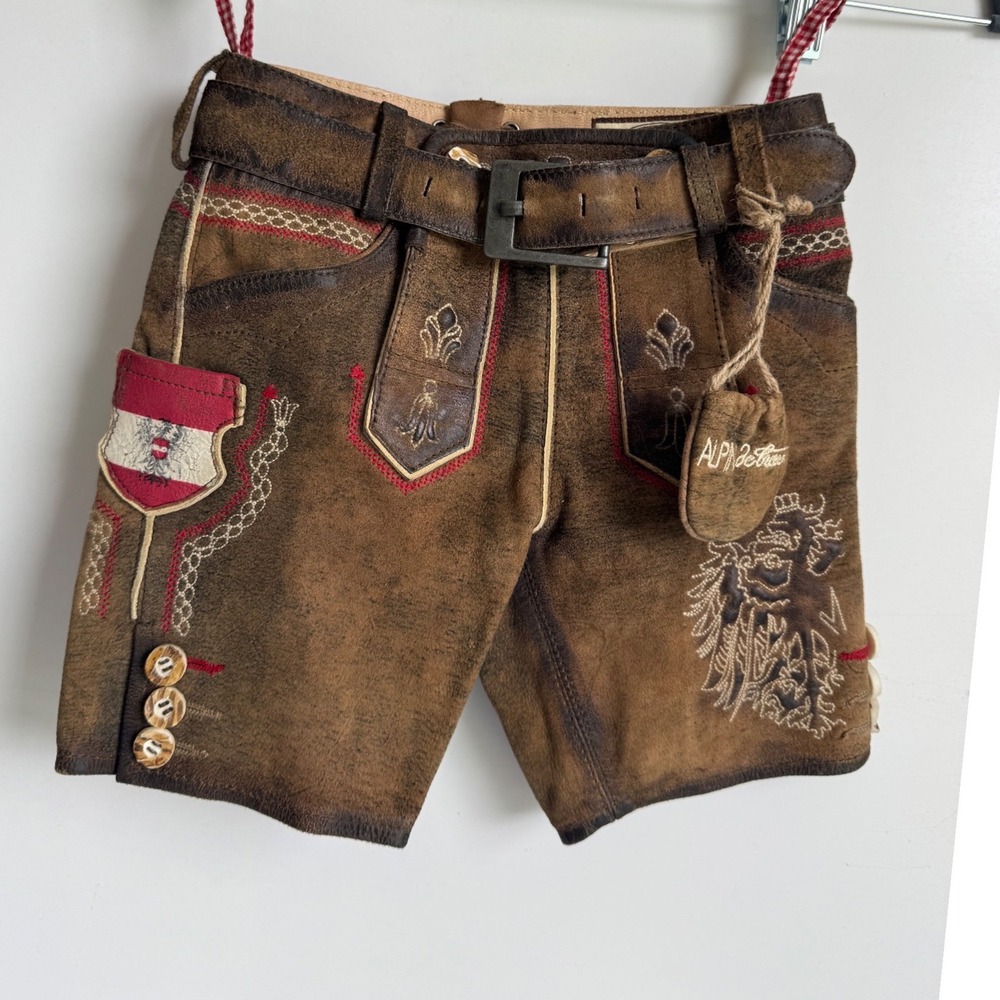 Alpine Leder Kids Lederhosen Brown Leather Shorts Oktoberfest Trachten folk 2-3T